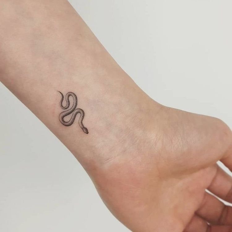 Serpiente pequeña de línea fina tatuada en la muñeca