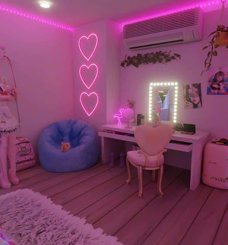 Cuarto rosa con neón de corazones y tocador con bombillas