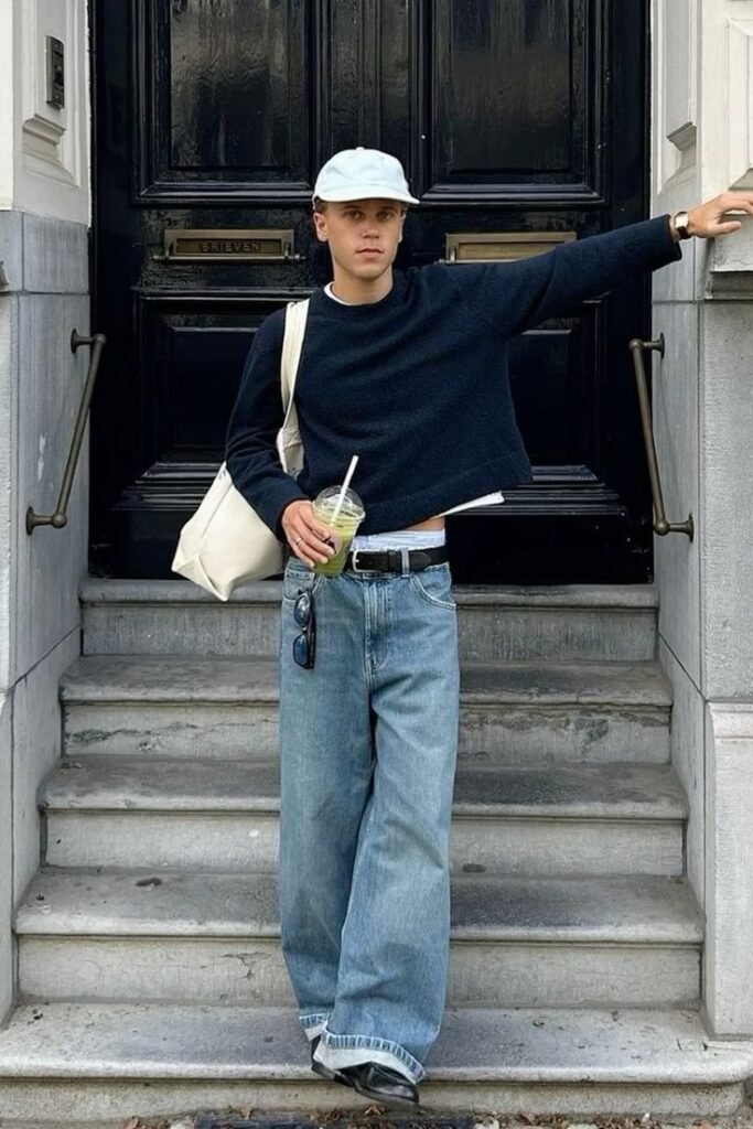 Jersey azul marino con jeans claros y gorra