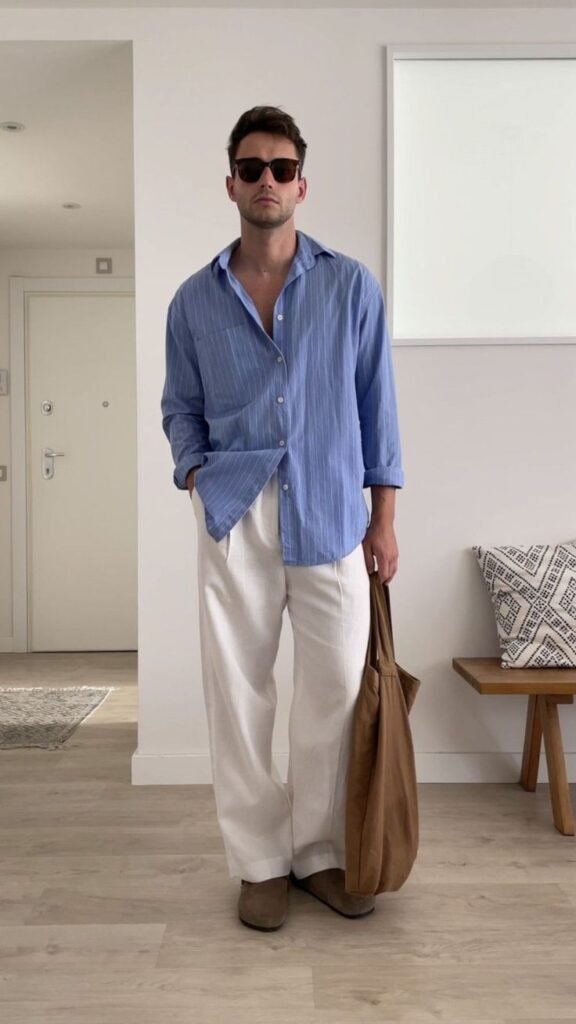 Camisa azul claro con pantalón crema