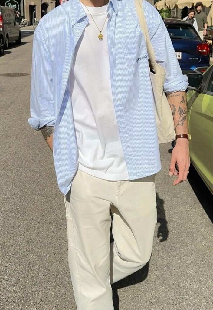 Camisa azul claro abierta con camiseta y pantalón crema