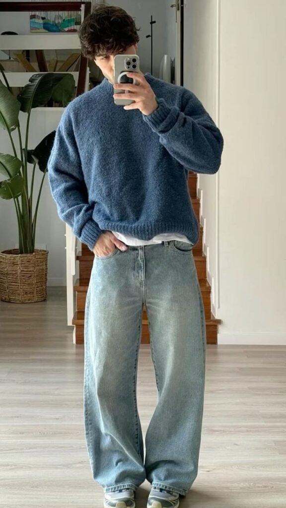 Jersey azul con jeans anchos claros
