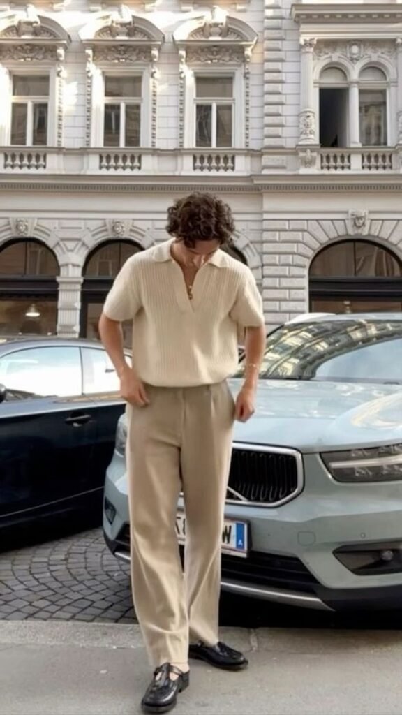 Polo de punto beige con pantalón a juego