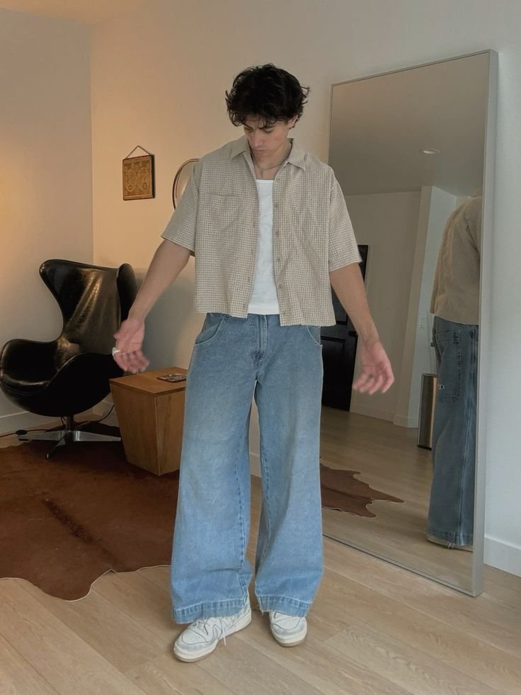 Camisa beige de manga corta con jeans anchos claros