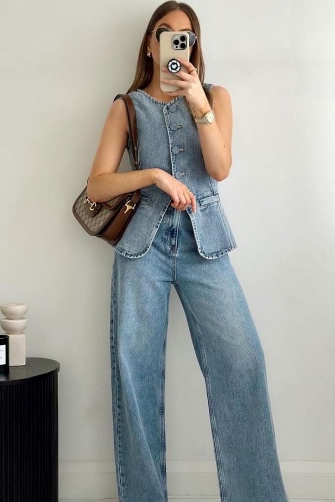 Chaleco vaquero con jeans anchos del mismo tono