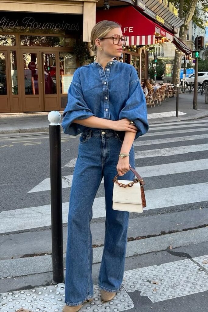 Camisa vaquera oversize con jeans en total denim
