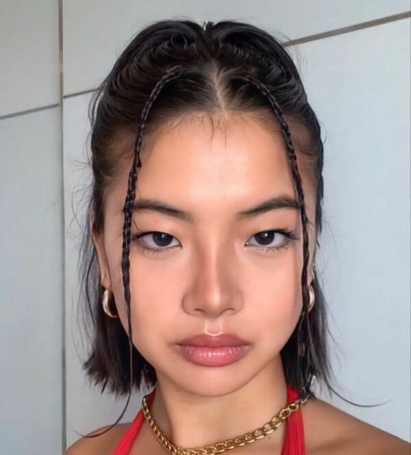Bob liso con trenzas finas enmarcando la cara