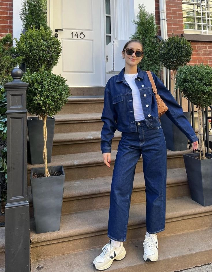 Chaqueta vaquera con jeans oscuros en total denim