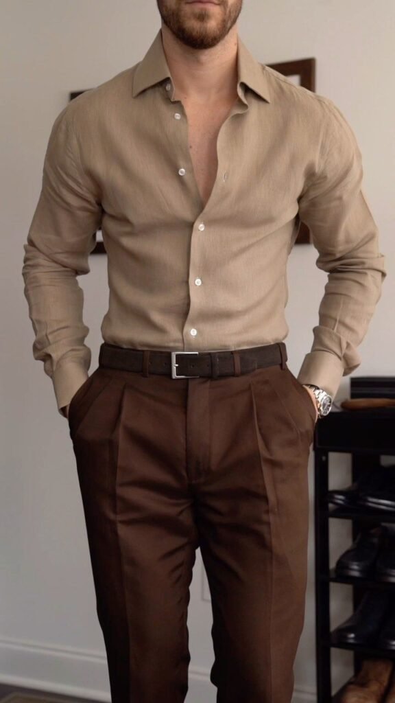 Camisa beige con pantalón marrón de pinzas