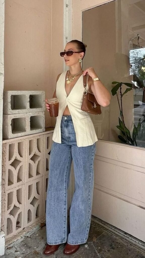 Top blanco cruzado con jeans anchos claros