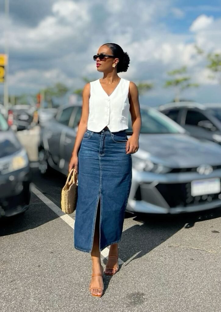 Chaleco blanco con falda vaquera midi