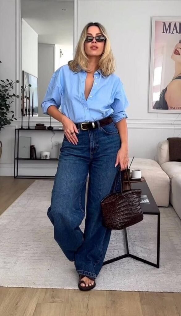 Camisa azul claro con jeans anchos y cinturón