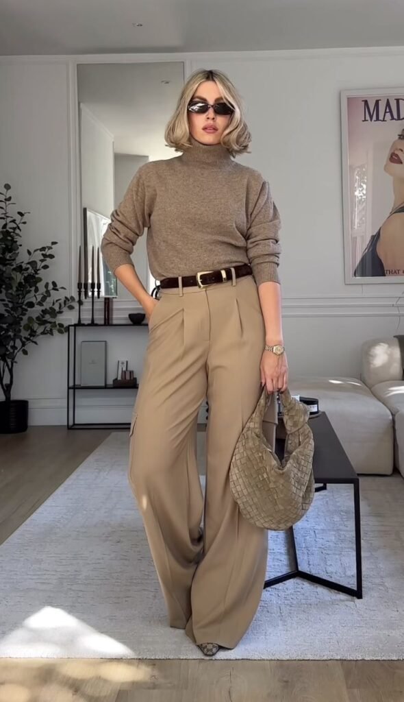 Jersey de cuello alto beige con pantalón ancho a juego