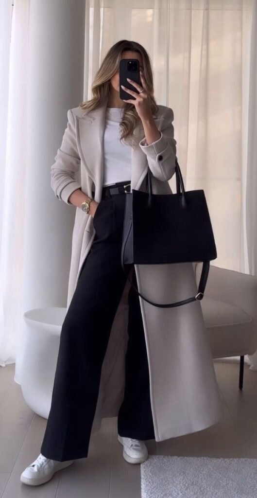 Blazer beige con pantalón negro ancho