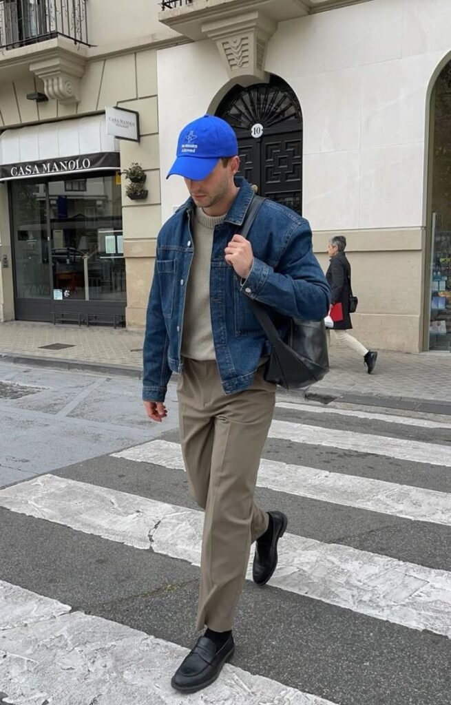 Chaqueta vaquera con pantalón beige