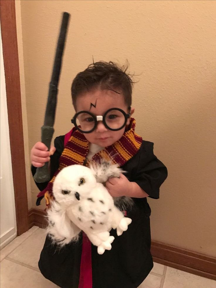 Niño disfrazado de Harry Potter con varita y lechuza