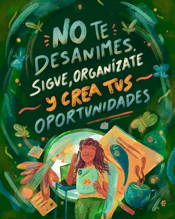 Ilustración de una chica estudiando con un mensaje de ánimo
