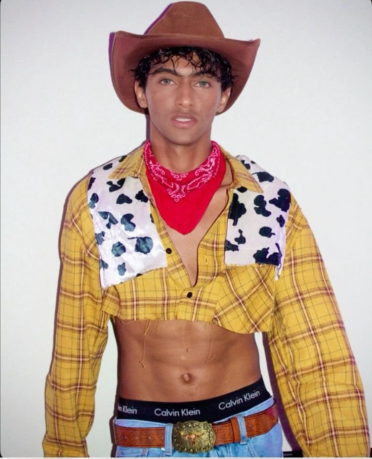 Disfraz de vaquero con sombrero, camisa de cuadros y pañuelo