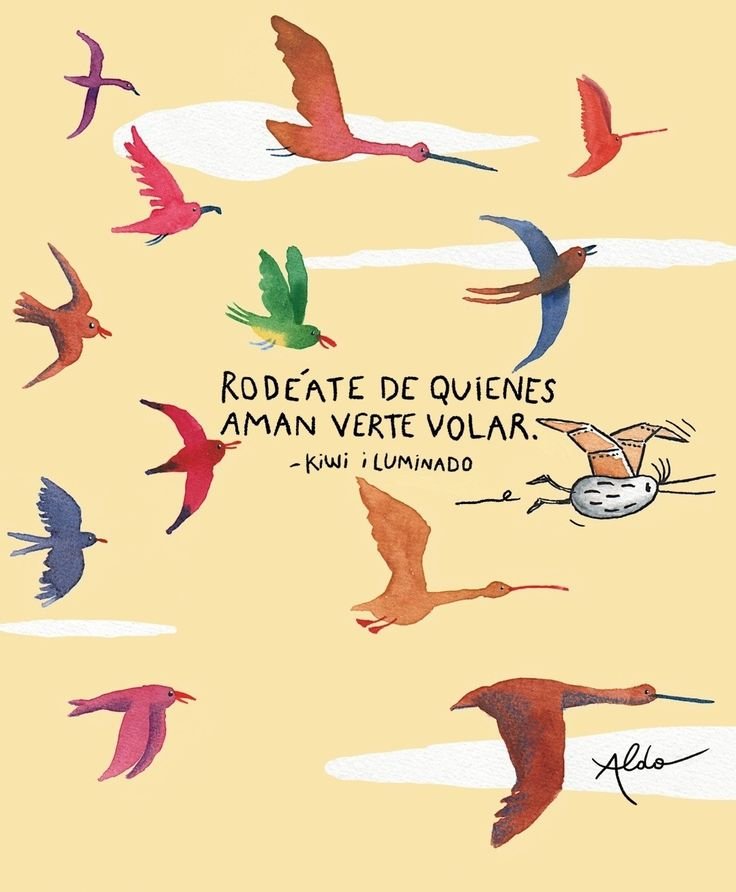 Ilustración de pájaros volando con una frase sobre rodearse bien