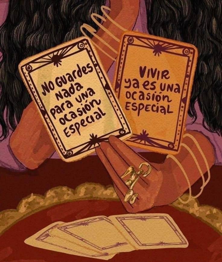 Ilustración de una lectura de cartas con frases sobre vivir el presente