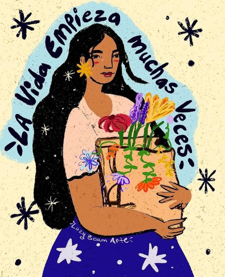 Ilustración de una mujer con flores y una frase sobre empezar de nuevo