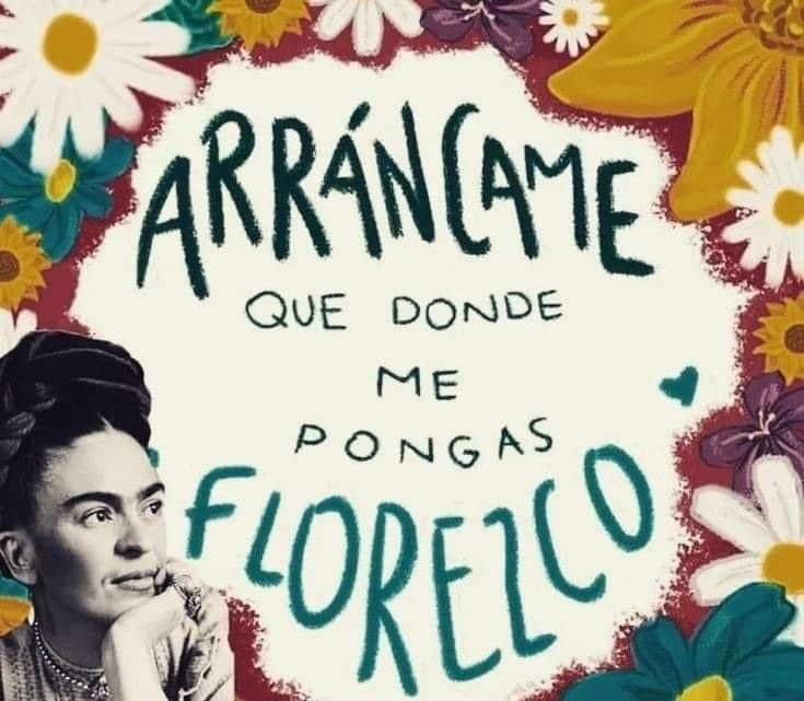 Ilustración de Frida Kahlo rodeada de flores con una frase