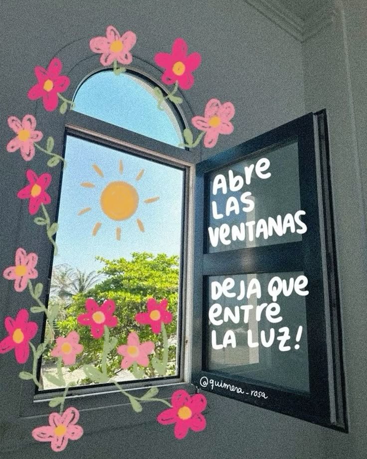 Ilustración de una ventana con flores y una frase sobre dejar entrar la luz