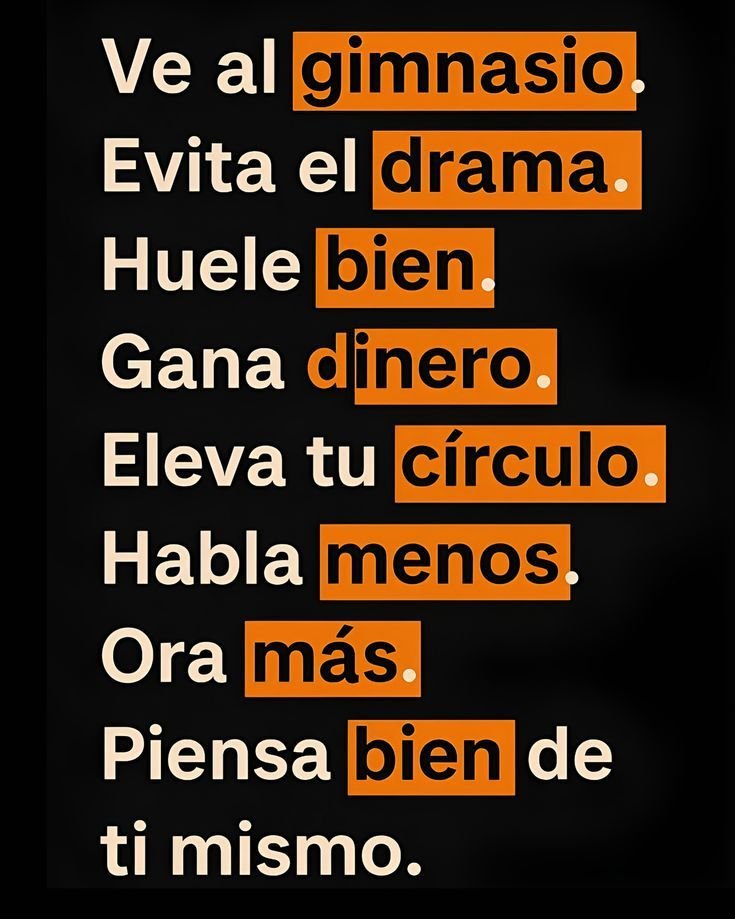 Lista de consejos en letras blancas y naranjas sobre fondo negro