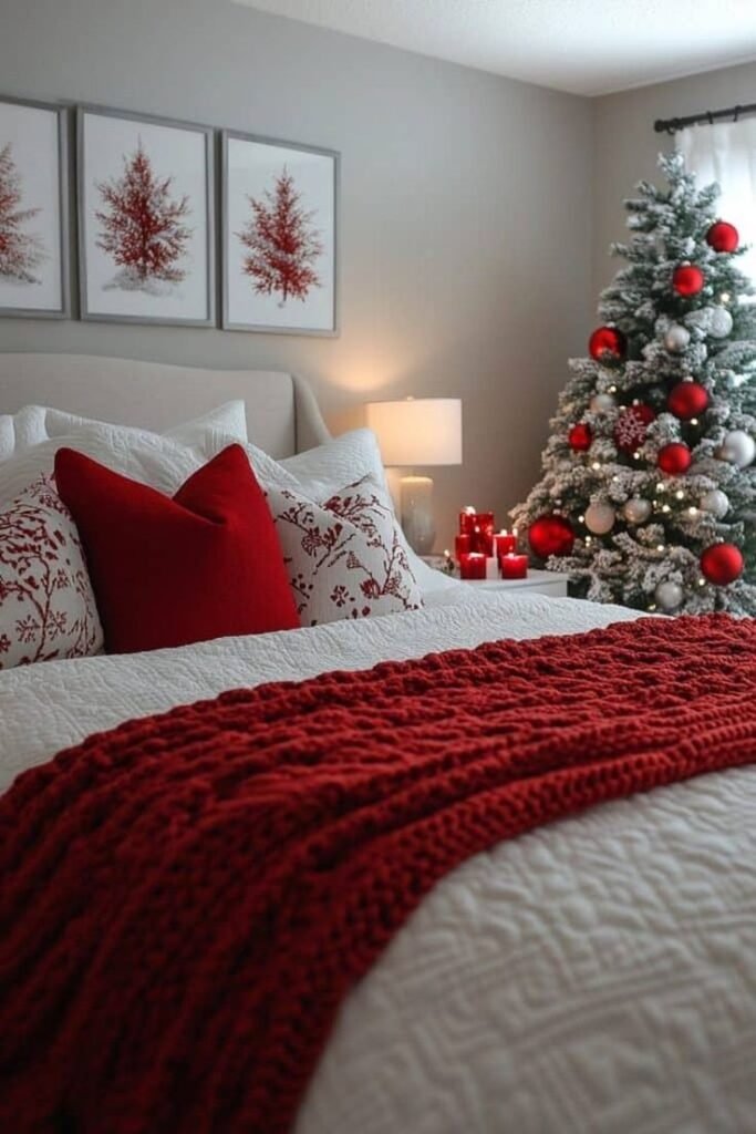 Dormitorio con manta roja de punto y árbol nevado