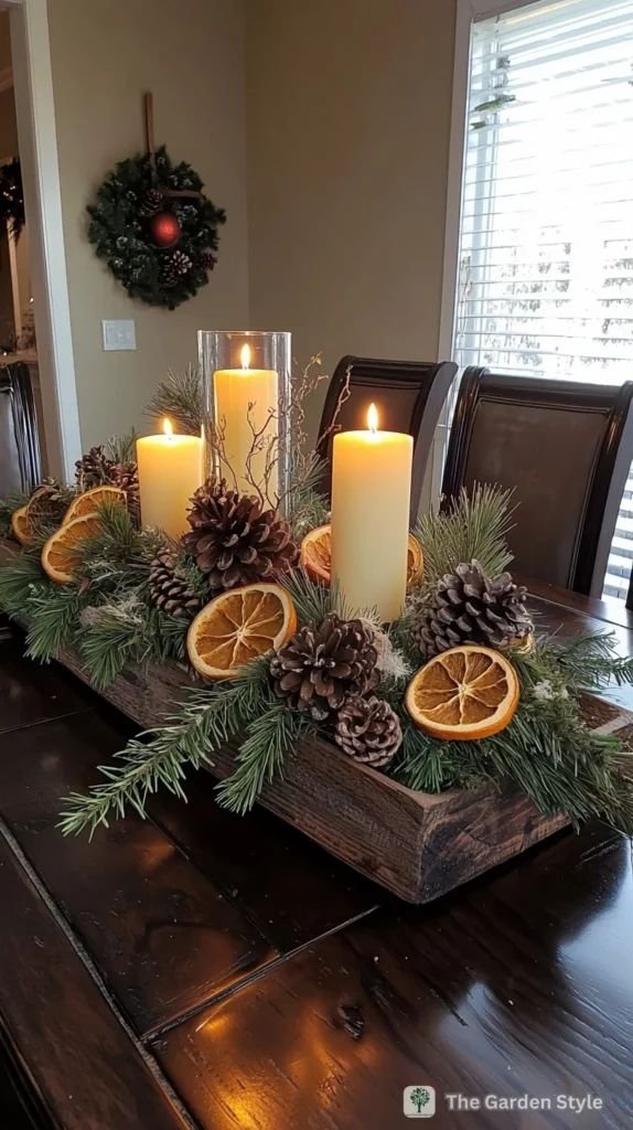 Centro de mesa con velas, piñas y rodajas de naranja