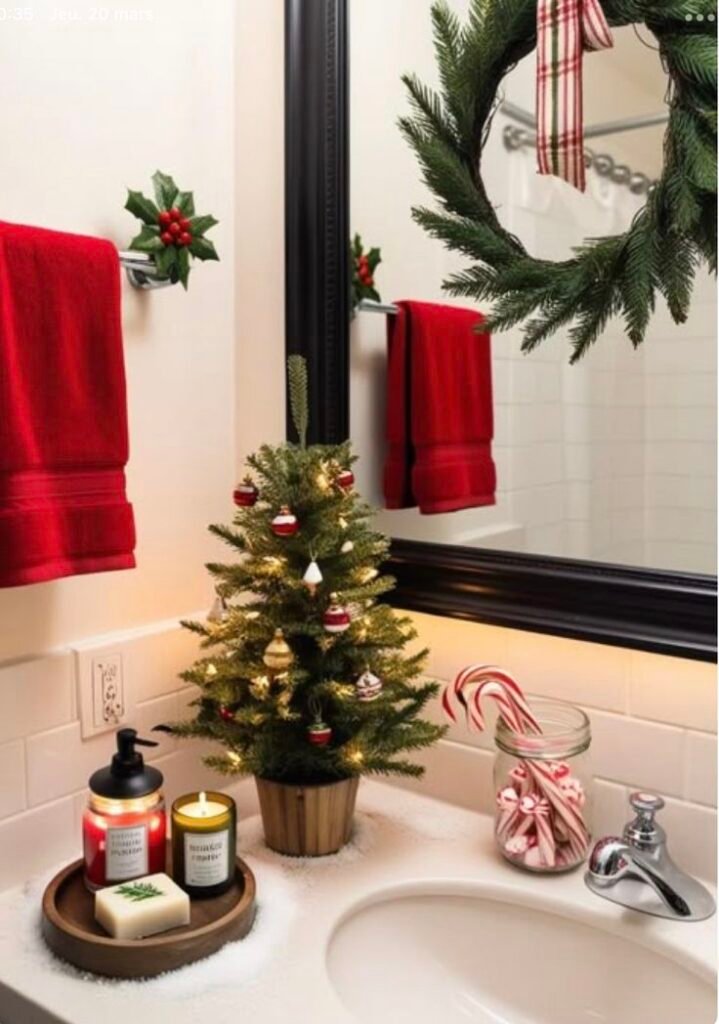 Baño decorado con arbolito, corona y toalla roja