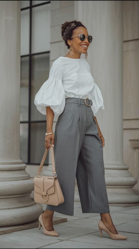 Blusa blanca abullonada con pantalón gris de pinzas