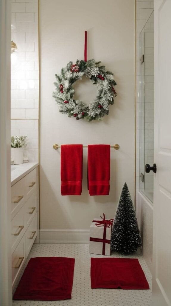 Baño con corona de eucalipto y toallas rojas