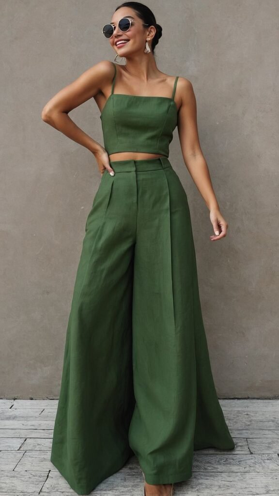 Conjunto verde de top corto y pantalón ancho