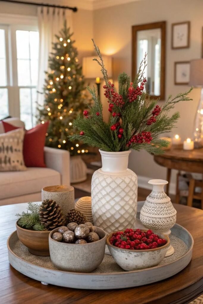 Salón con árbol, jarrones blancos y cuencos de bayas