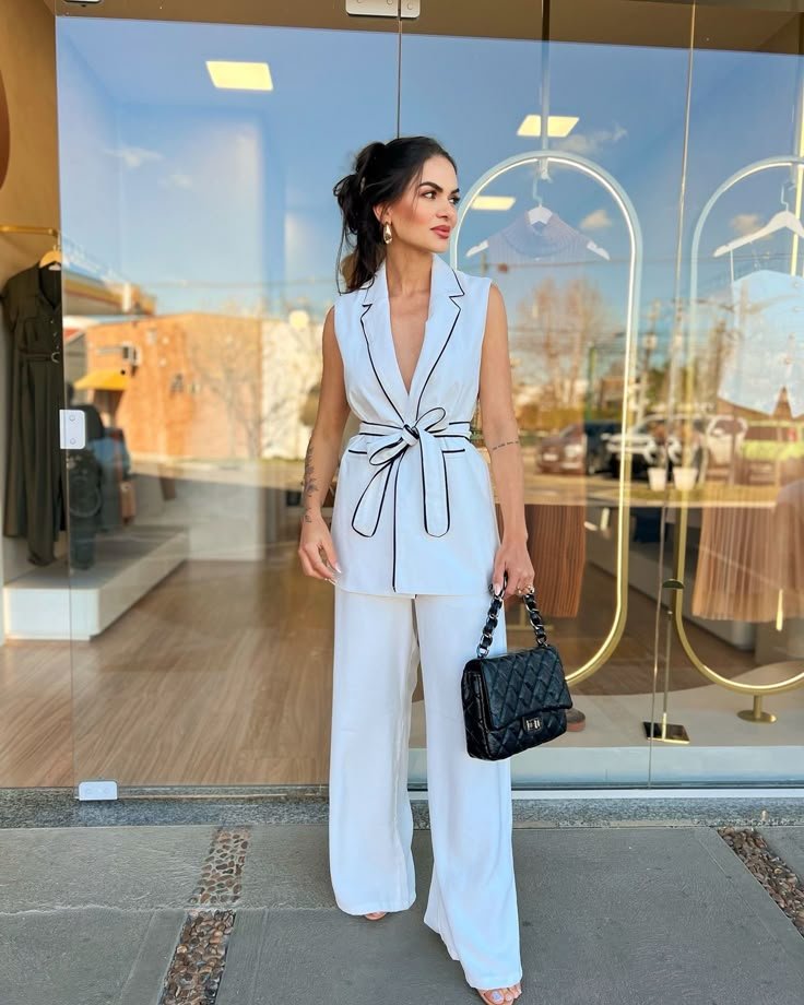 Chaleco blanco cruzado con pantalón blanco