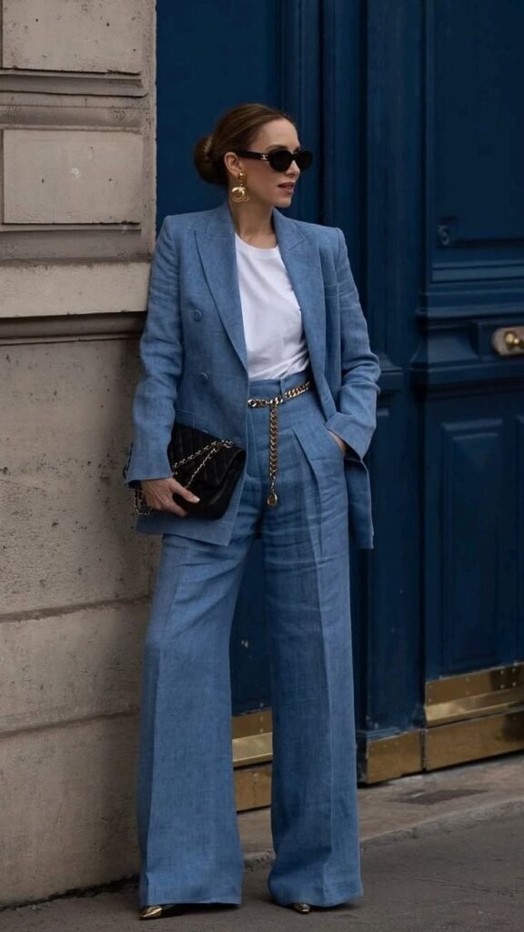 Blazer azul claro con jeans anchos