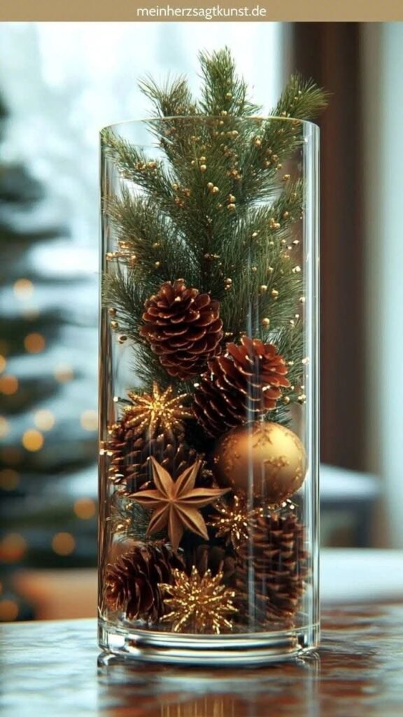 Jarrón de cristal con piñas, estrellas de anís y ramas