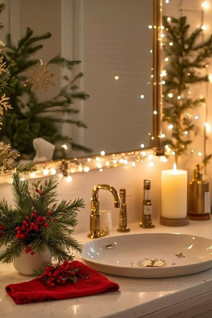 Baño decorado con velas, ramas y luces cálidas