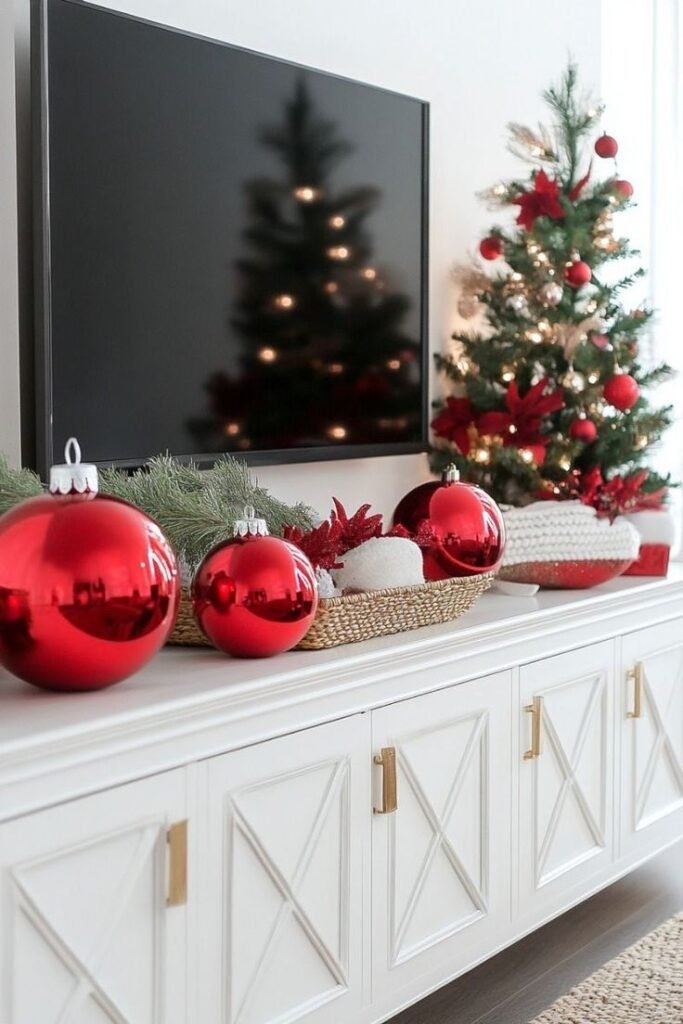 Aparador decorado con bolas rojas y arbolitos