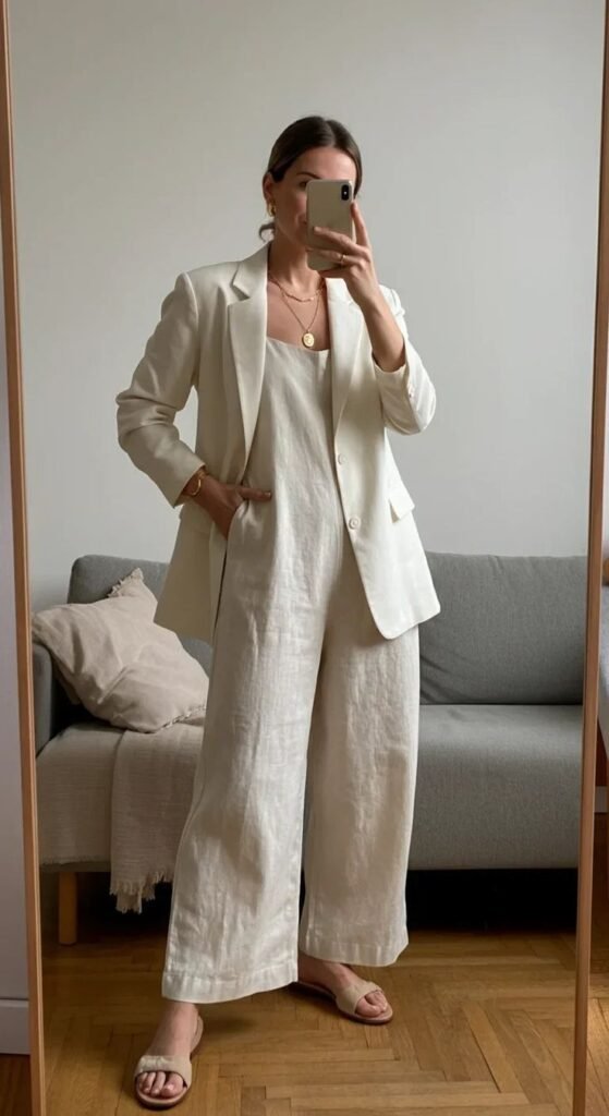 Blazer de lino beige con pantalón a juego