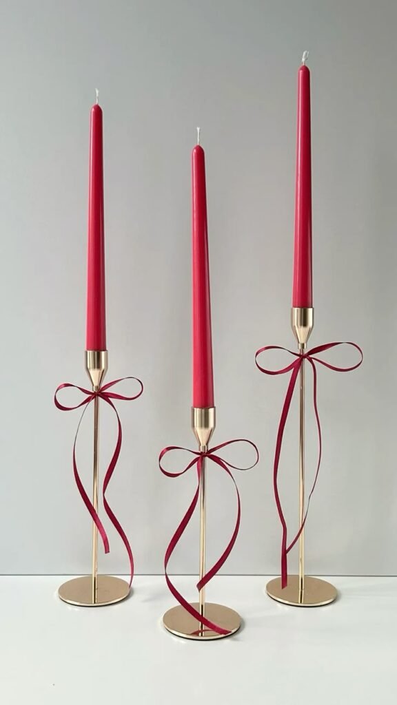 Tres velas rojas con lazos en candelabros dorados