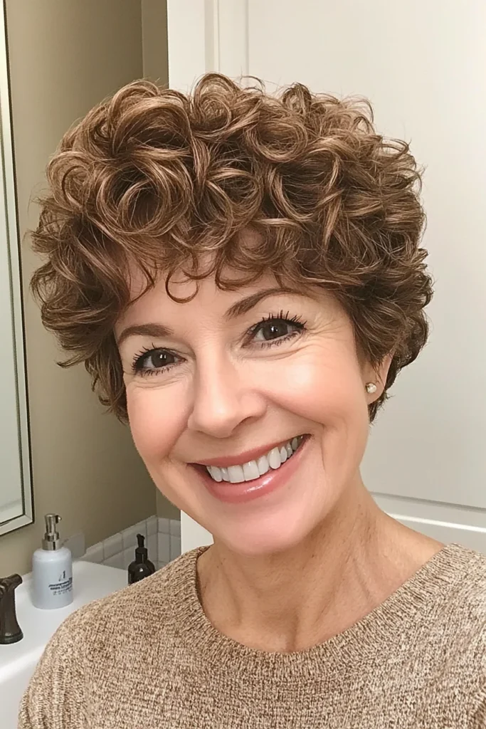 Pixie en pelo rizado castaño