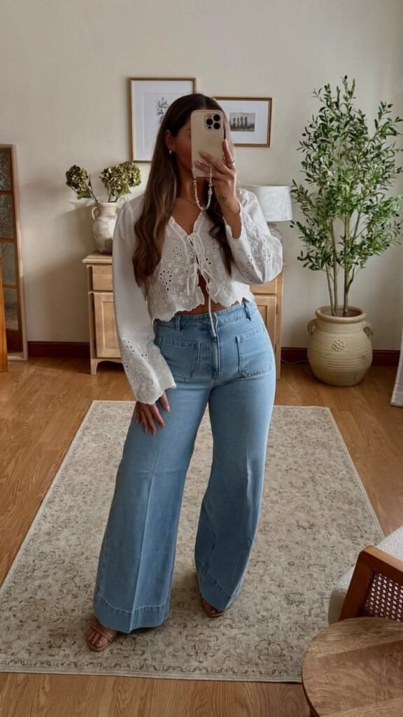 Blusa blanca con jeans claros anchos