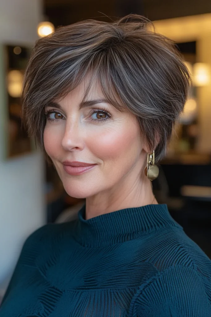 Corte pixie con capas en castaño con canas