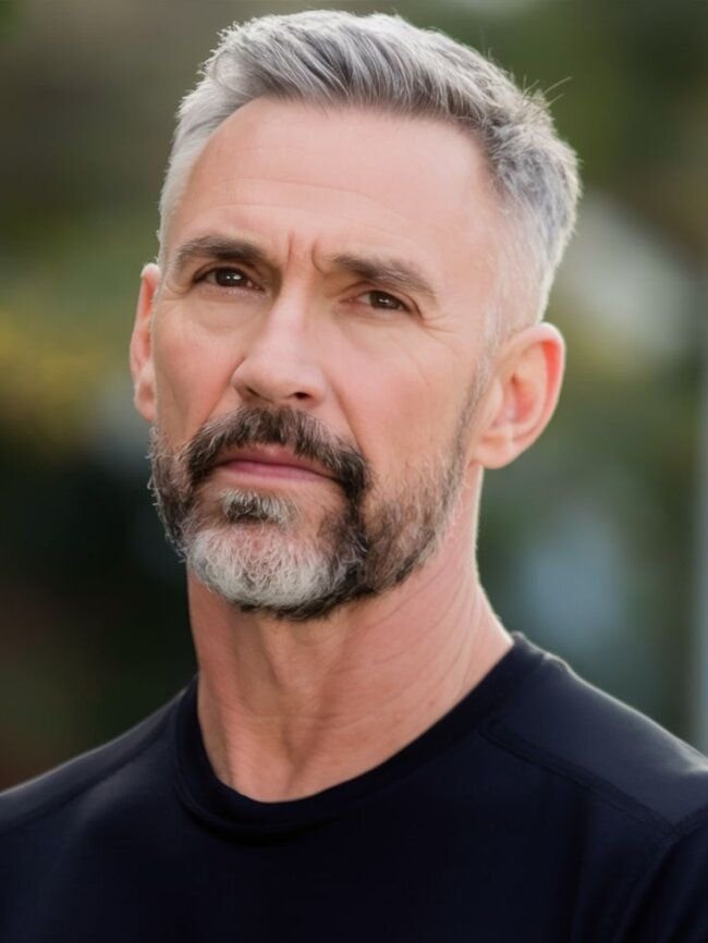 Pelo corto texturizado gris con barba