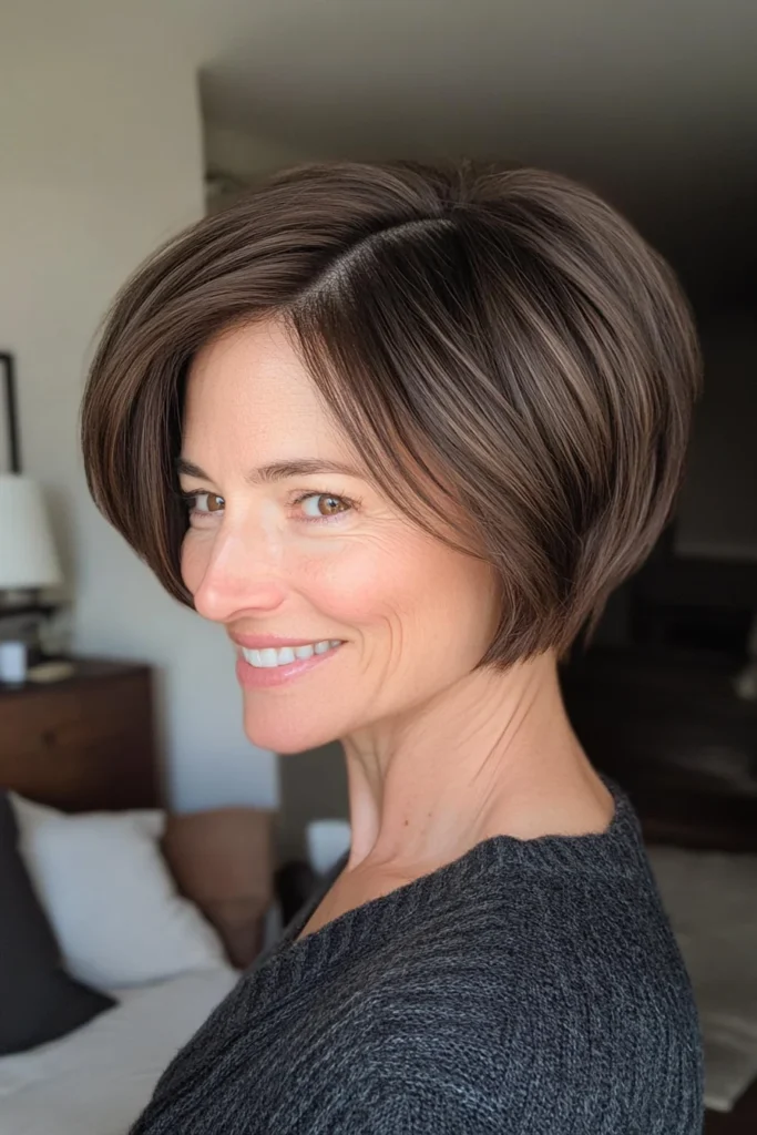 Bob corto castaño con mechas y capas