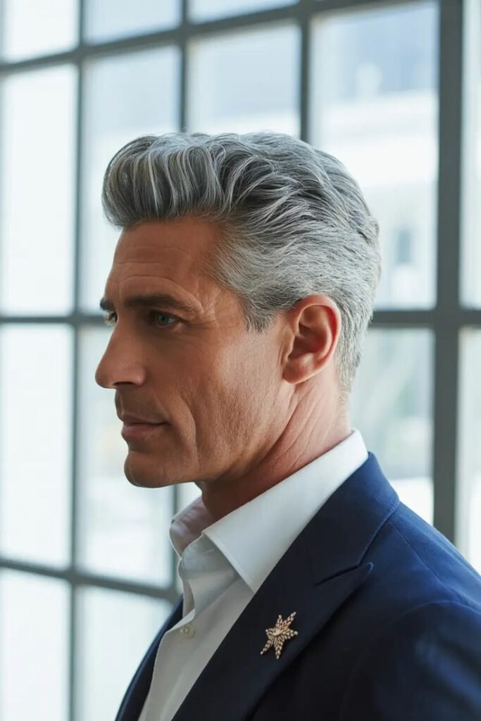 Pelo gris peinado hacia atrás con traje