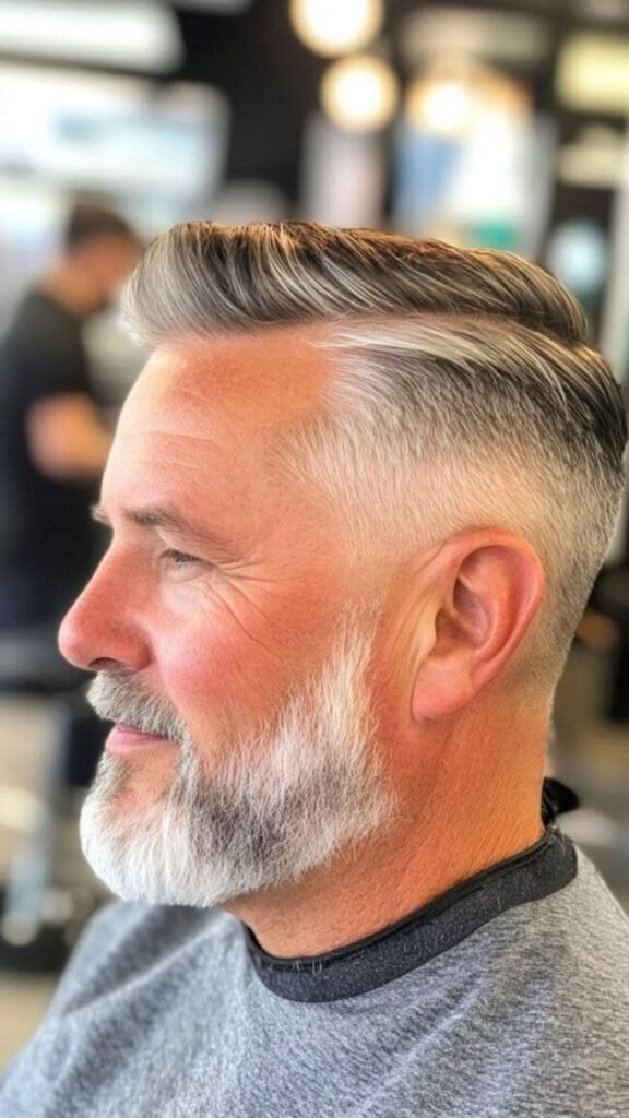 Tupé corto con degradado y barba blanca