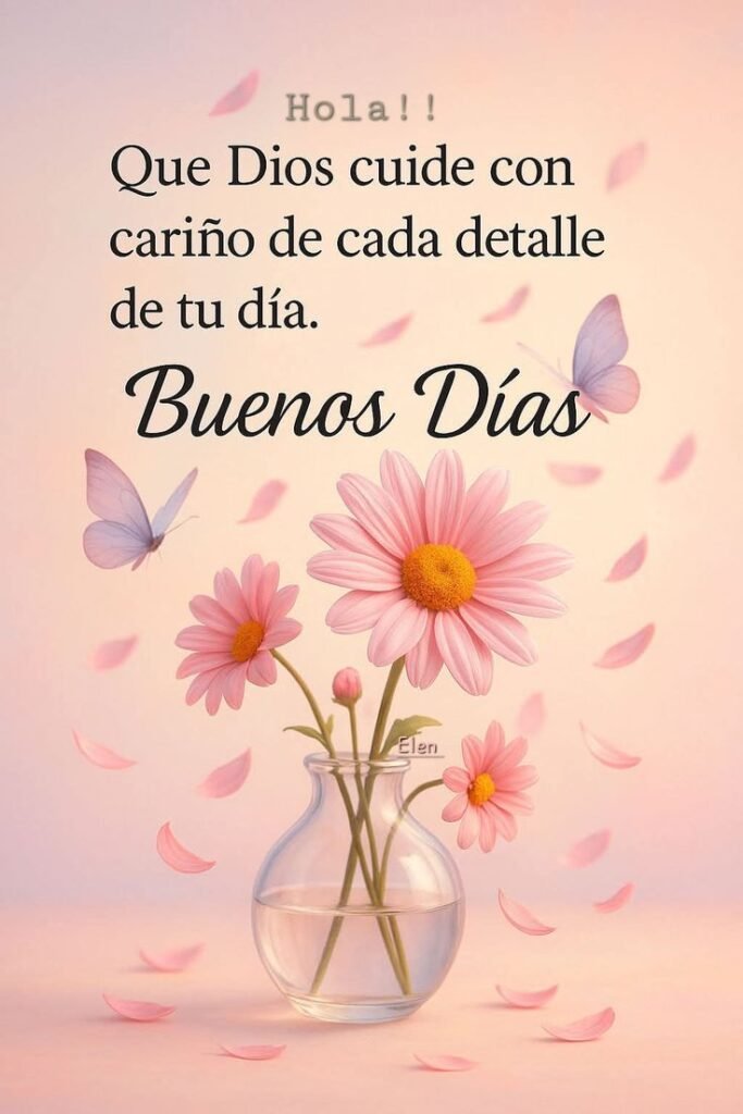 Flores en un jarrón con un mensaje de buenos días